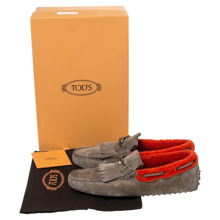 Pre Owned Tod's Olive Green Suede Leather And Shearling Double T Fringe Slip On Loafers Size 41.5