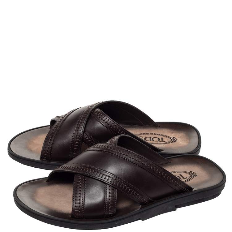 Pre Owned Tod's Brown Leather Crossed Strap Flat Sandals Size 41