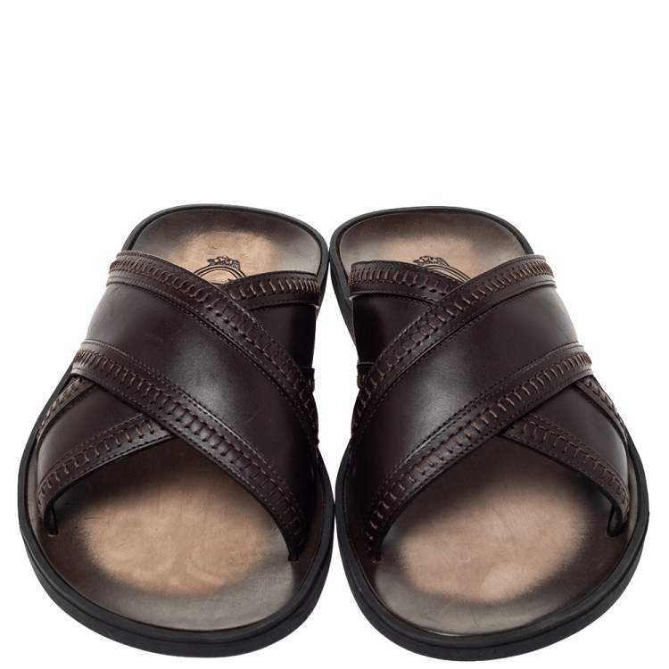 Pre Owned Tod's Brown Leather Crossed Strap Flat Sandals Size 41