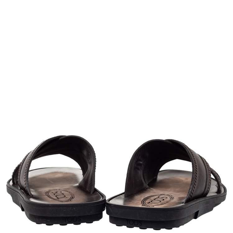 Pre Owned Tod's Brown Leather Crossed Strap Flat Sandals Size 41