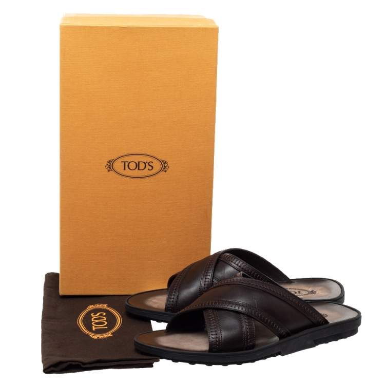 Pre Owned Tod's Brown Leather Crossed Strap Flat Sandals Size 41