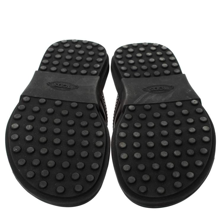 Pre Owned Tod's Black Leather Cross Strap Flat Sandals Size 41.5