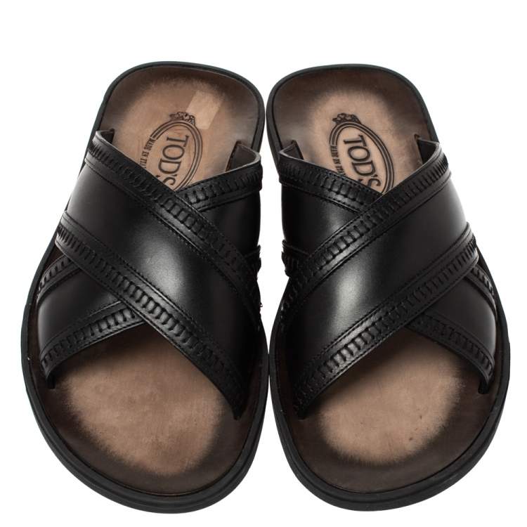 Pre Owned Tod's Black Leather Cross Strap Flat Sandals Size 41.5