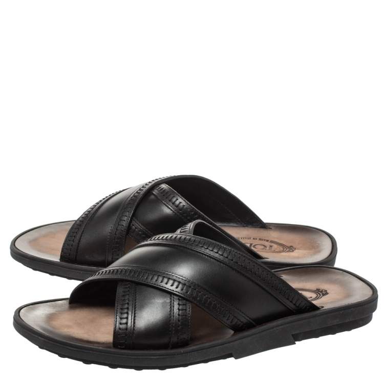 Pre Owned Tod's Black Leather Cross Strap Flat Sandals Size 41.5