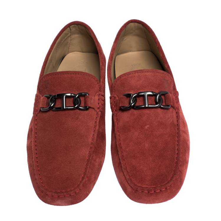 Pre Owned Tod's Cinnamon Red Suede Chain T Slip On Loafers Size 42
