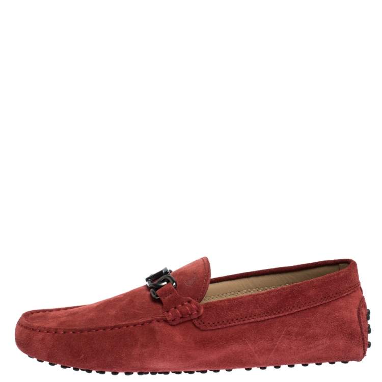 Pre Owned Tod's Cinnamon Red Suede Chain T Slip On Loafers Size 42