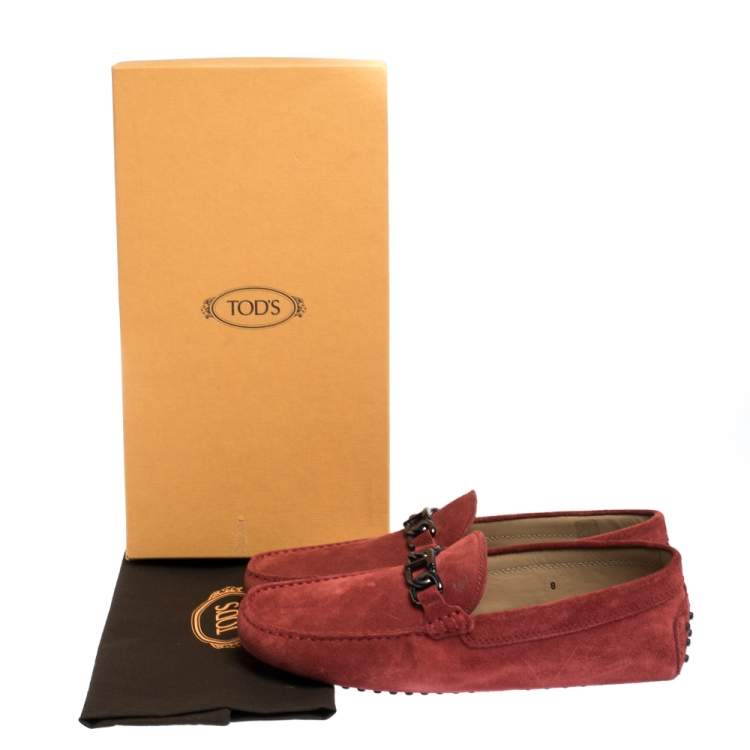 Pre Owned Tod's Cinnamon Red Suede Chain T Slip On Loafers Size 42