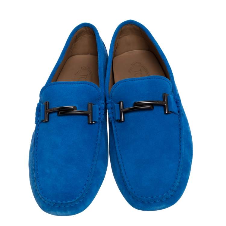 Pre Owned Tod's Blue Suede Leather Double T Slip On Loafers Size 44