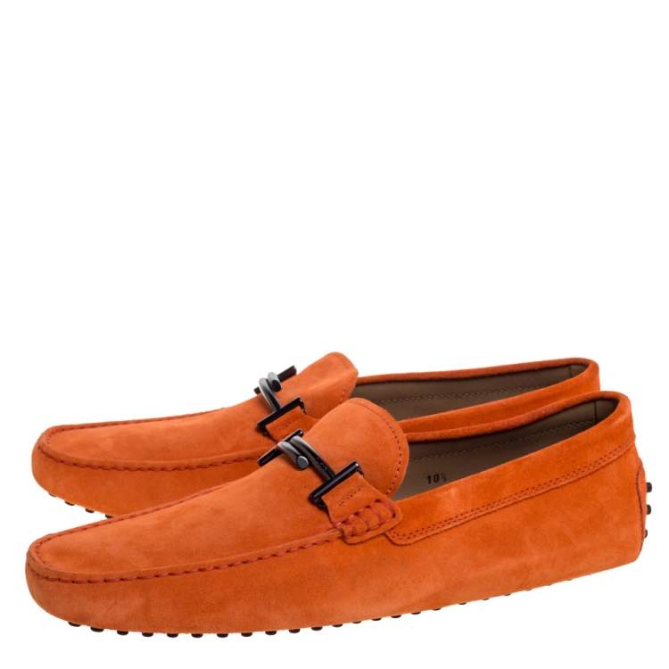 Pre Owned Tod's Orange Suede Leather Double T Slip On Loafers Size 45