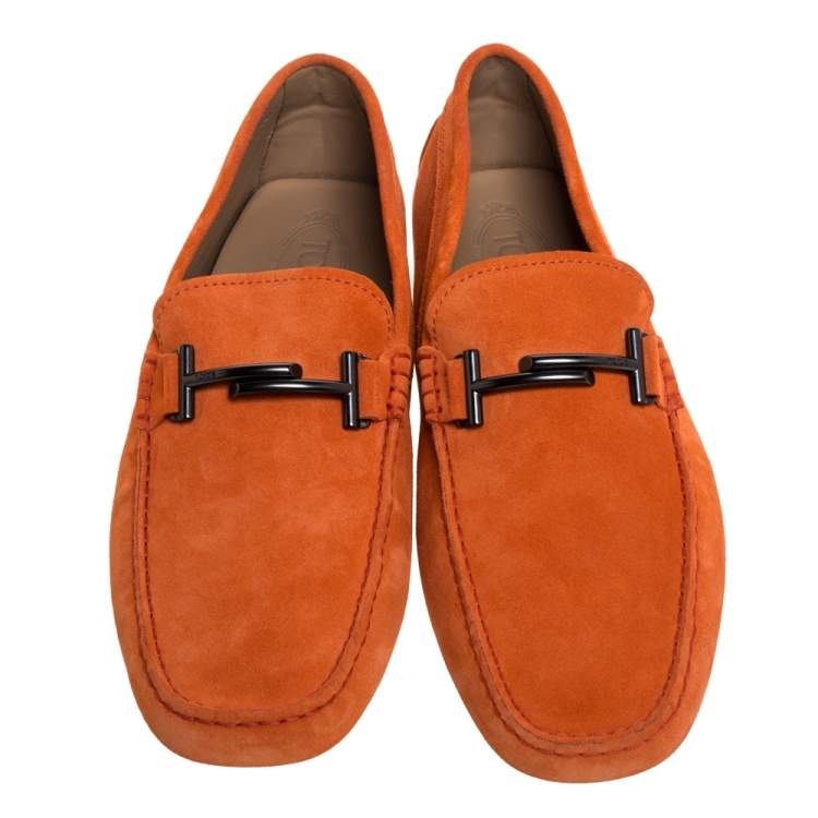 Pre Owned Tod's Orange Suede Leather Double T Slip On Loafers Size 45