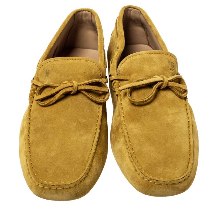 Pre Owned Tod's Yellow Suede Leather Bow Slip On Loafers Size 45