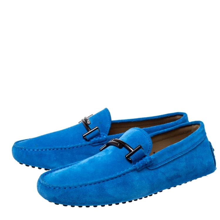 Pre Owned Tod's Blue Suede Leather Double T Slip On Loafers Size 41