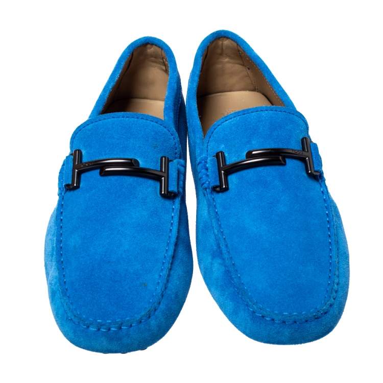 Pre Owned Tod's Blue Suede Leather Double T Slip On Loafers Size 41