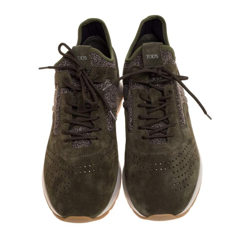 Pre Owned Tod's Green Suede Leather And Fabric Low Top Sneakers Size 44.5