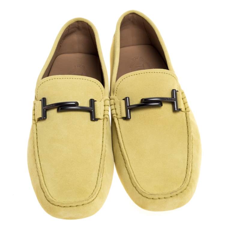 Pre Owned Tod's Yellow Suede Leather Double T Slip On Loafers Size 44.5 