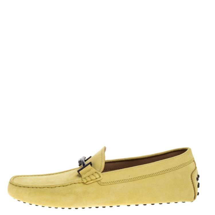 Pre Owned Tod's Yellow Suede Leather Double T Slip On Loafers Size 44.5 
