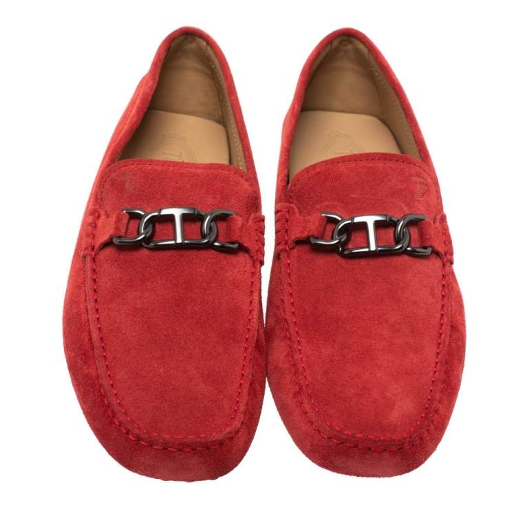 Pre Owned Tod's Cinnamon Red Suede Chain T Slip On Loafers Size 44