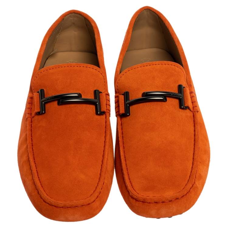 Pre Owned Tod's Orange Suede Leather Double T Slip On Loafers Size 43