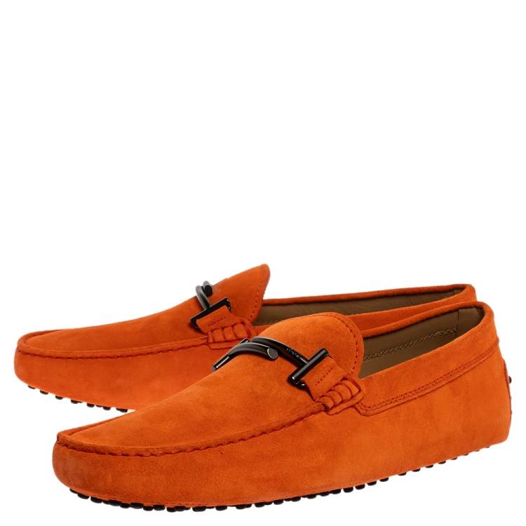 Pre Owned Tod's Orange Suede Leather Double T Slip On Loafers Size 43