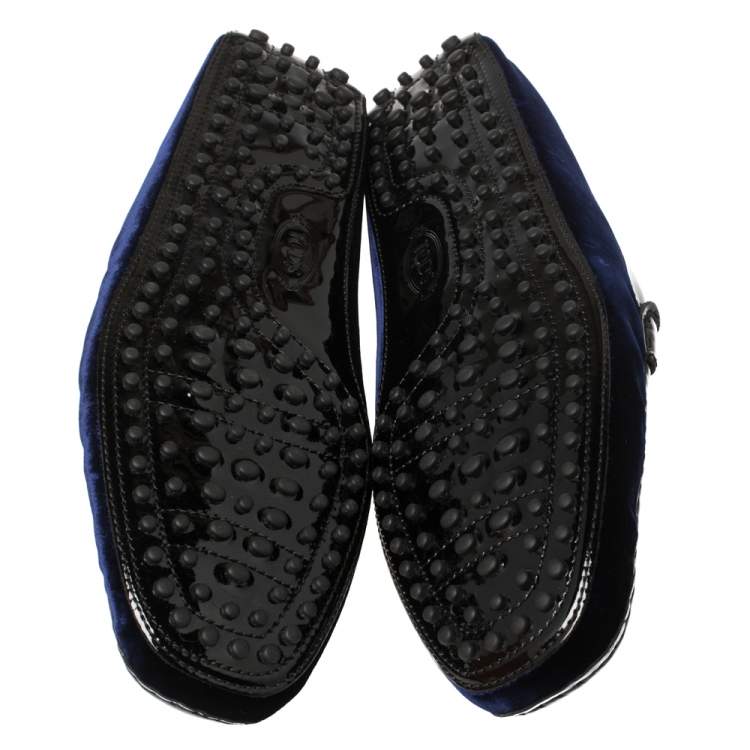 Pre Owned Tod's Midnight Blue/Black Velvet and Patent Leather New Gommini Smoking Loafers Size 44