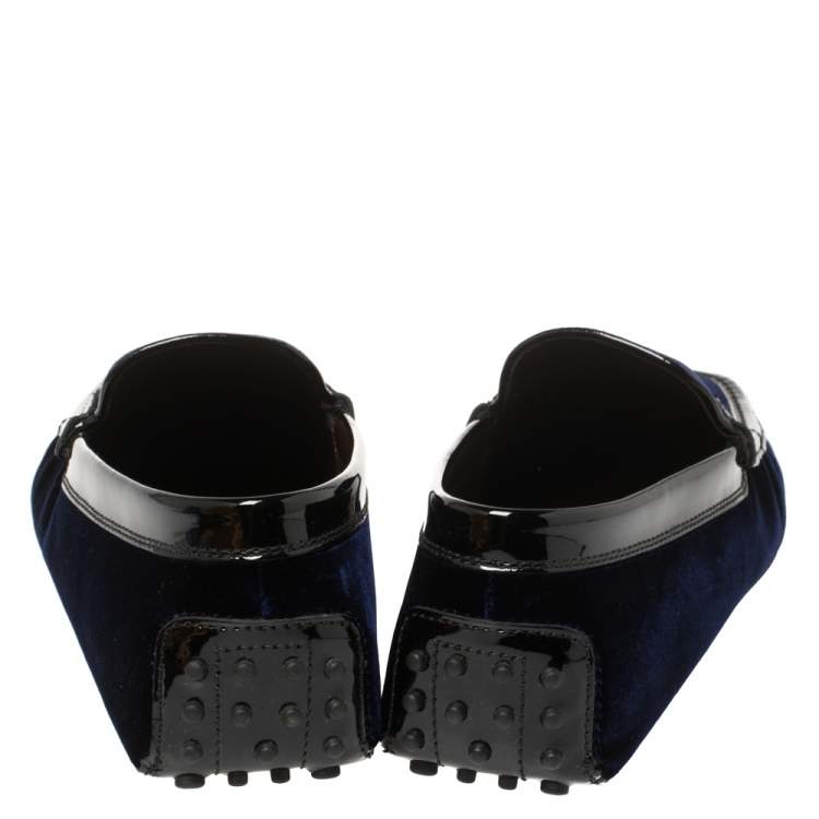 Pre Owned Tod's Midnight Blue/Black Velvet and Patent Leather New Gommini Smoking Loafers Size 44