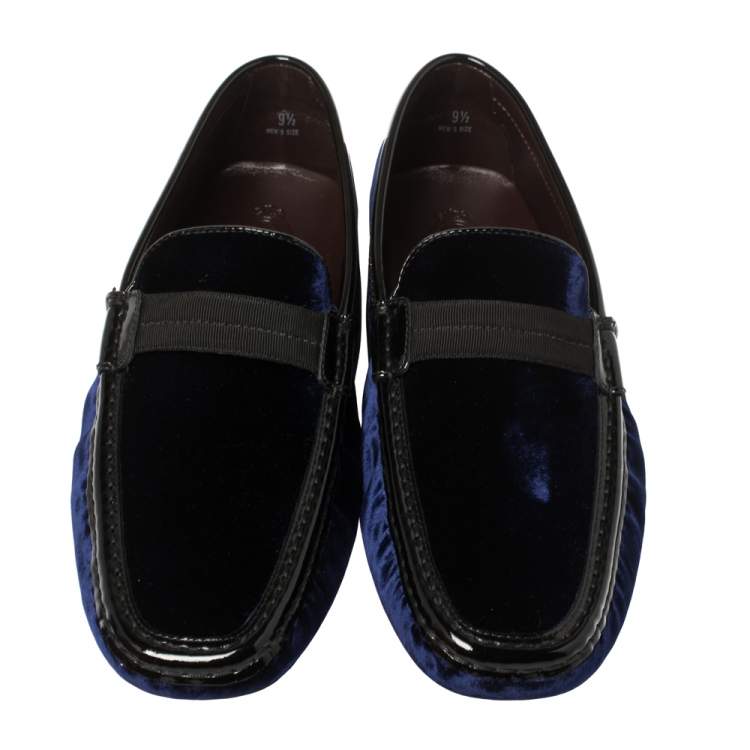 Pre Owned Tod's Midnight Blue/Black Velvet and Patent Leather New Gommini Smoking Loafers Size 44