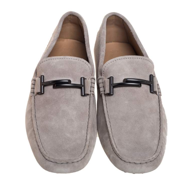 Pre Owned Tod's Grey Suede Gommino Double T Slip On Loafers Size 42.5