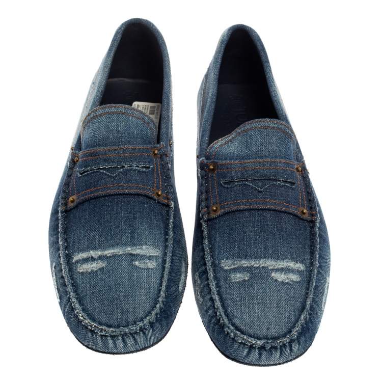 Pre Owned Tod's Blue Denim Fabric Gommino Penny Slip On Loafers Size 45.5