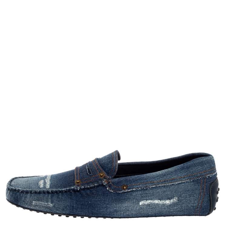 Pre Owned Tod's Blue Denim Fabric Gommino Penny Slip On Loafers Size 45.5