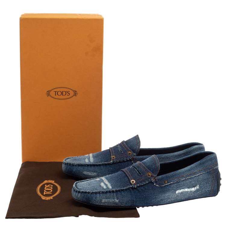Pre Owned Tod's Blue Denim Fabric Gommino Penny Slip On Loafers Size 45.5