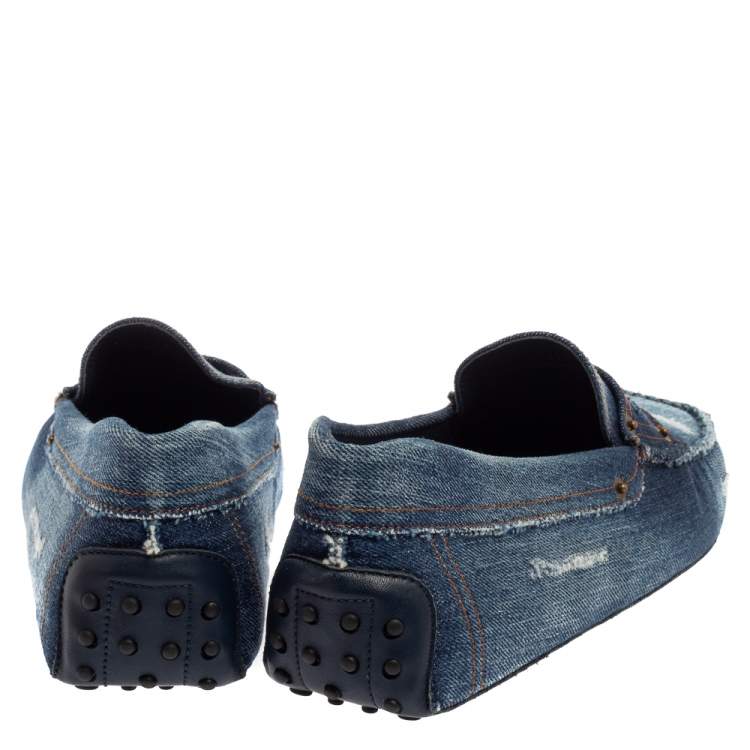 Pre Owned Tod's Blue Denim Fabric Gommino Penny Slip On Loafers Size 43