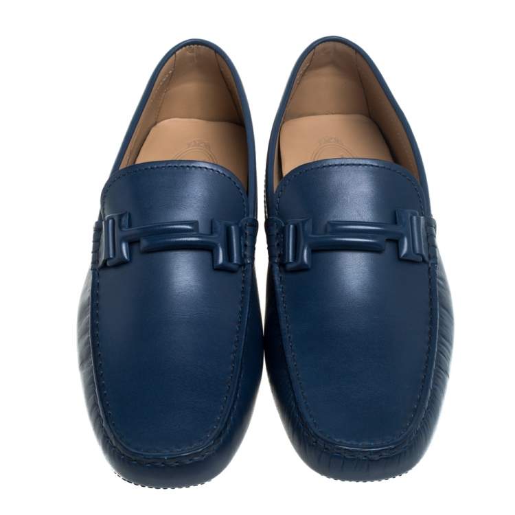 Pre Owned Tod's Blue Leather Gommino Double T Slip On Loafers Size 42