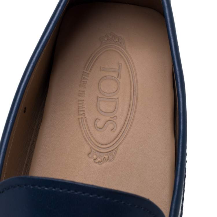 Pre Owned Tod's Blue Leather Gommino Double T Slip On Loafers Size 42