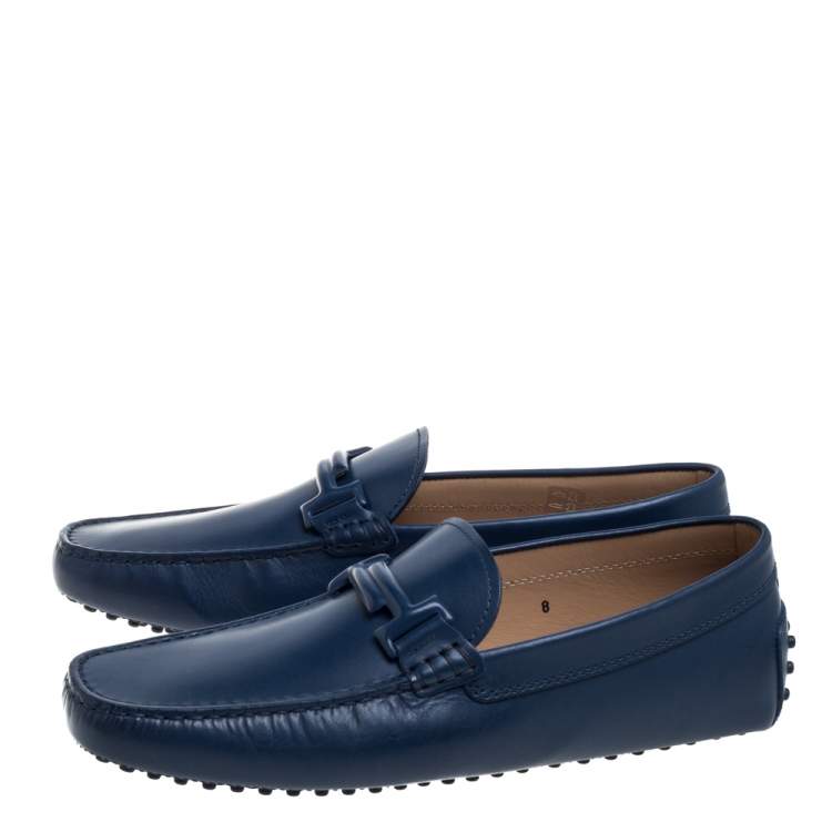 Pre Owned Tod's Blue Leather Gommino Double T Slip On Loafers Size 42