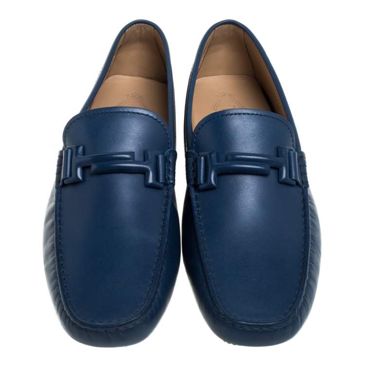 Pre Owned Tod's Blue Leather Gommino Double T Slip On Loafers Size 42.5
