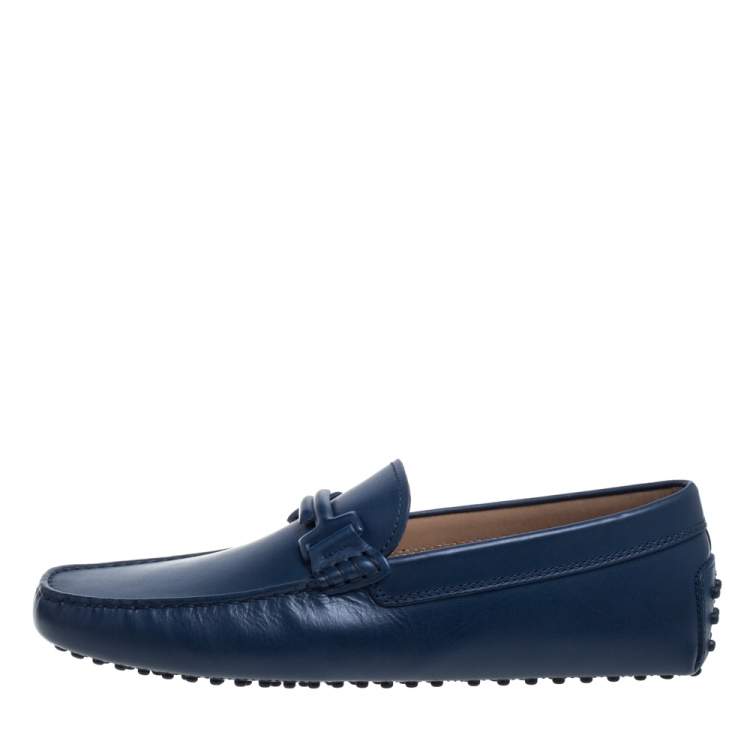Pre Owned Tod's Blue Leather Gommino Double T Slip On Loafers Size 42.5