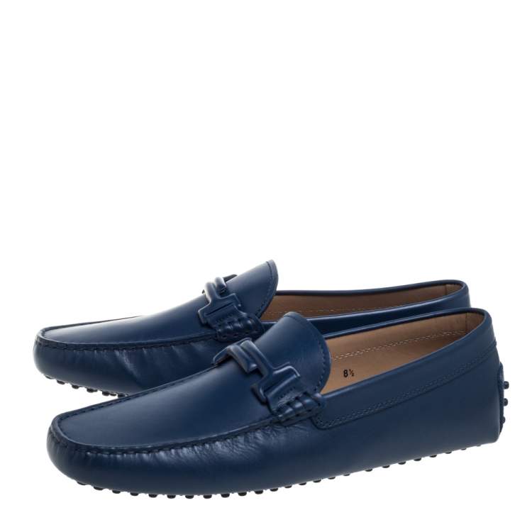 Pre Owned Tod's Blue Leather Gommino Double T Slip On Loafers Size 42.5