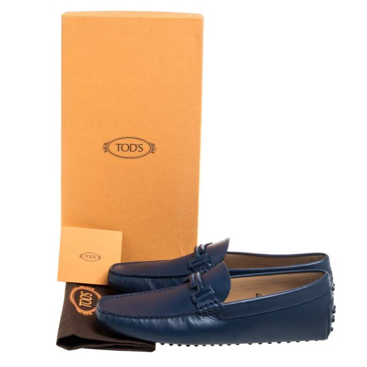 Pre Owned Tod's Blue Leather Gommino Double T Slip On Loafers Size 42.5