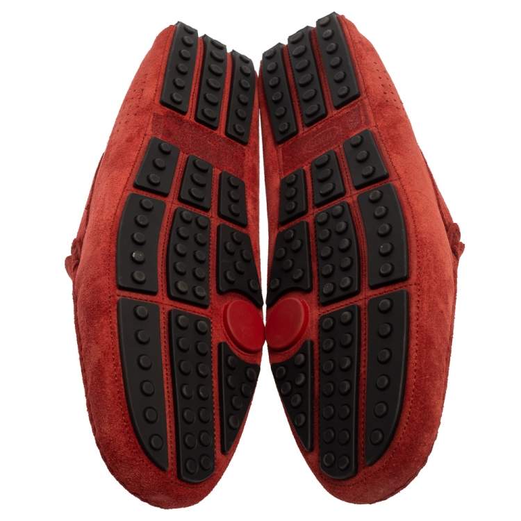 Pre Owned Tod's For Ferrari Red Perforated Suede Gommino Slip On Loafers 44.5