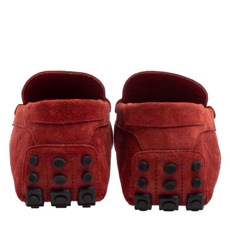 Pre Owned Tod's For Ferrari Red Perforated Suede Gommino Slip On Loafers 44.5