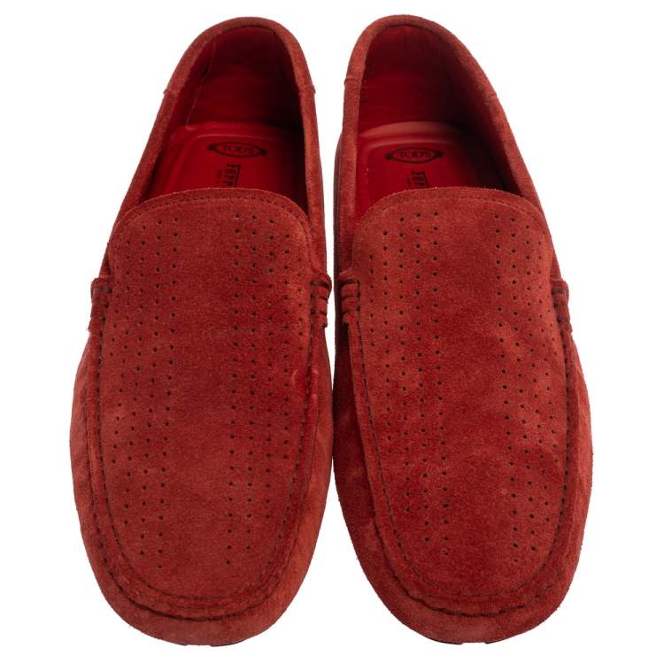 Pre Owned Tod's For Ferrari Red Perforated Suede Gommino Slip On Loafers 44.5