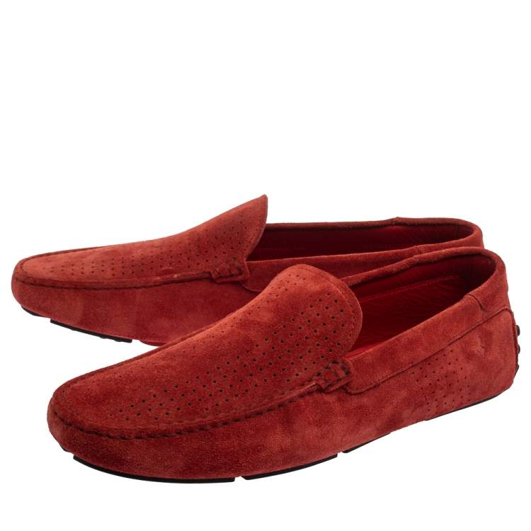 Pre Owned Tod's For Ferrari Red Perforated Suede Gommino Slip On Loafers 44.5