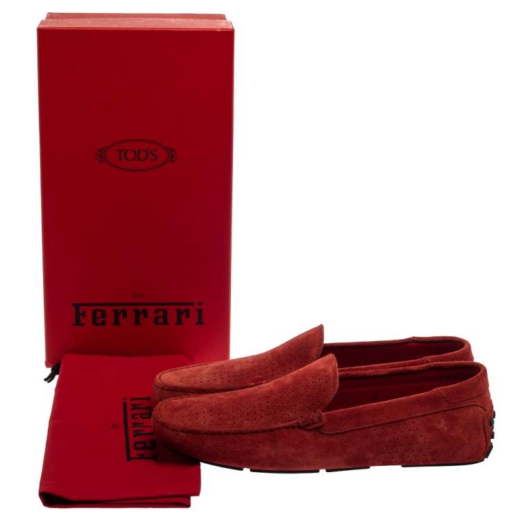 Pre Owned Tod's For Ferrari Red Perforated Suede Gommino Slip On Loafers 44.5