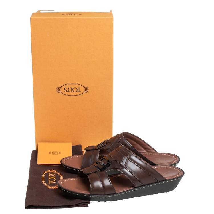 Pre Owned Tod's Brown Leather Slide Sandals Size 42.5
