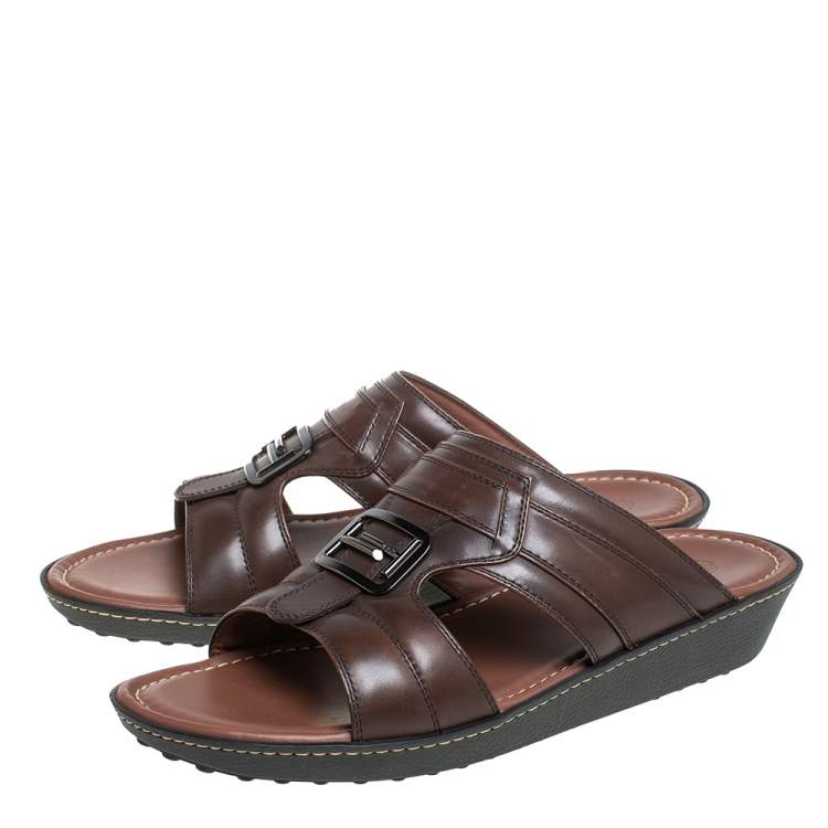 Pre Owned Tod's Brown Leather Slide Sandals Size 42.5