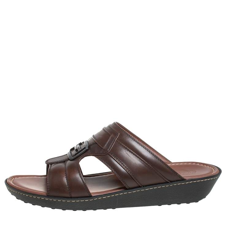 Pre Owned Tod's Brown Leather Slide Sandals Size 42.5