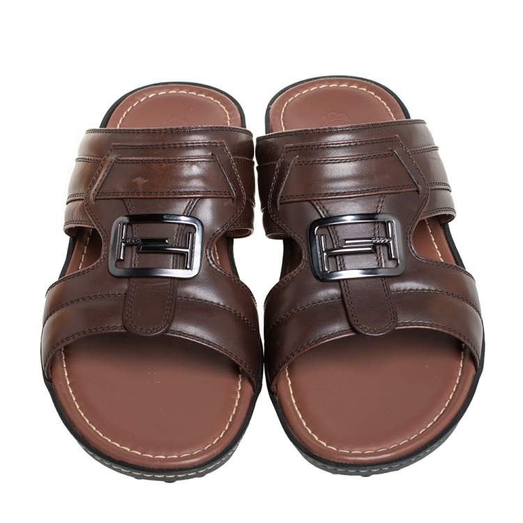 Pre Owned Tod's Brown Leather Slide Sandals Size 42.5