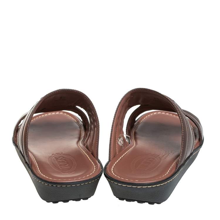 Pre Owned Tod's Brown Leather Slide Sandals Size 42.5