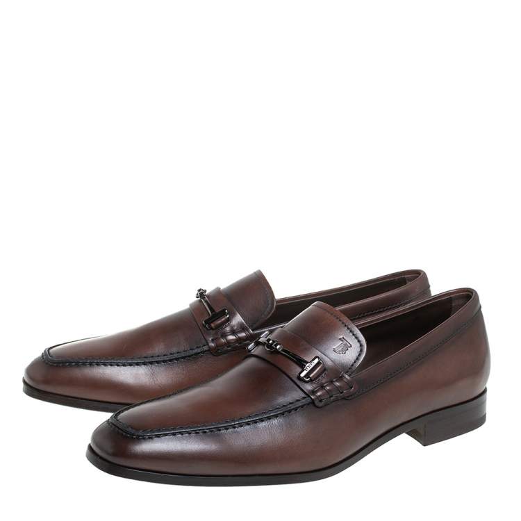 Pre Owned Tod's Brown Leather Horsebit Slip on Loafers Size 41.5