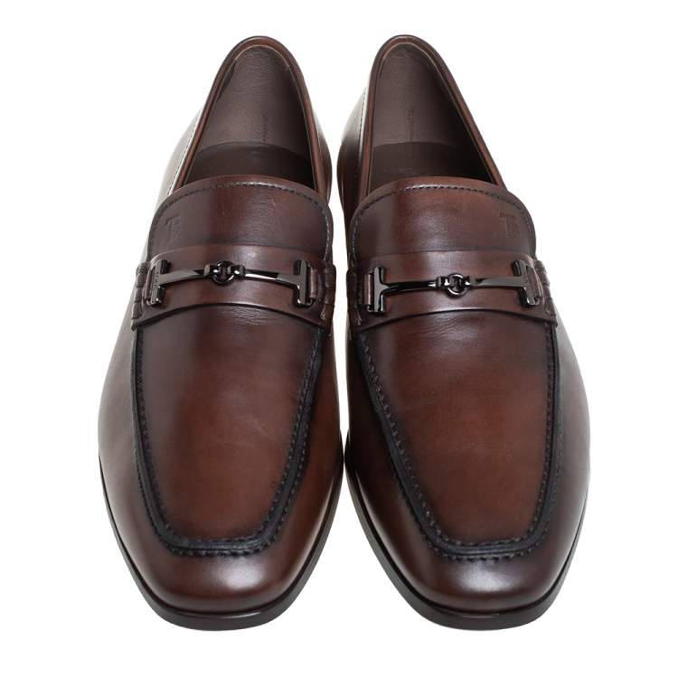 Pre Owned Tod's Brown Leather Horsebit Slip on Loafers Size 41.5